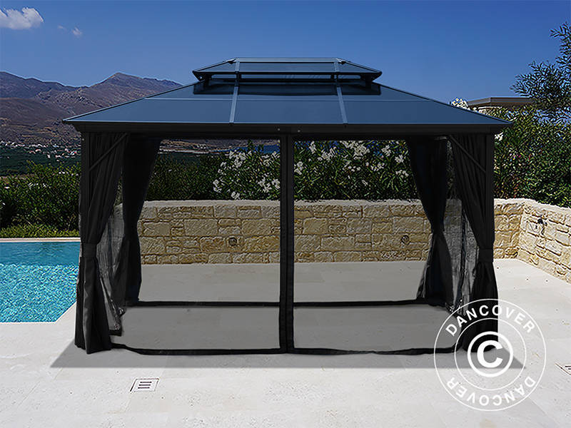Tonnelle Santa Ana avec rideaux et moustiquaire, 3x4m, noir