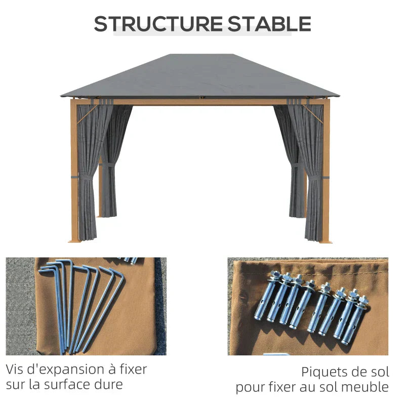 Tonnelle de jardin rectangulaire avec rideaux et toile de toit en polyester 4 x 3 m – Structure en aluminium
